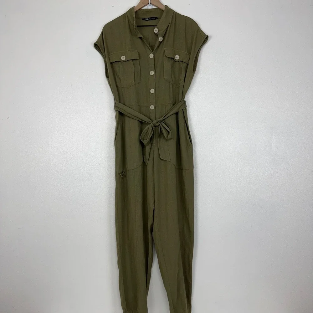 Zara Utility Jumpsuit Women L Olive Green Linen Blend Belted Short Sleeve Safari